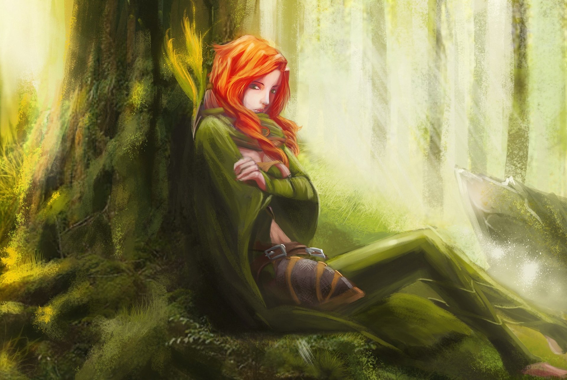 kunst dota 2 mädchen windflügel sitzend wald rotschopf