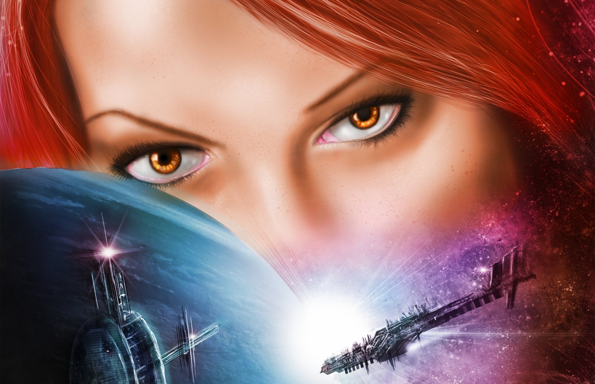 fiction art girl face eyes view red hair space galaxy planet