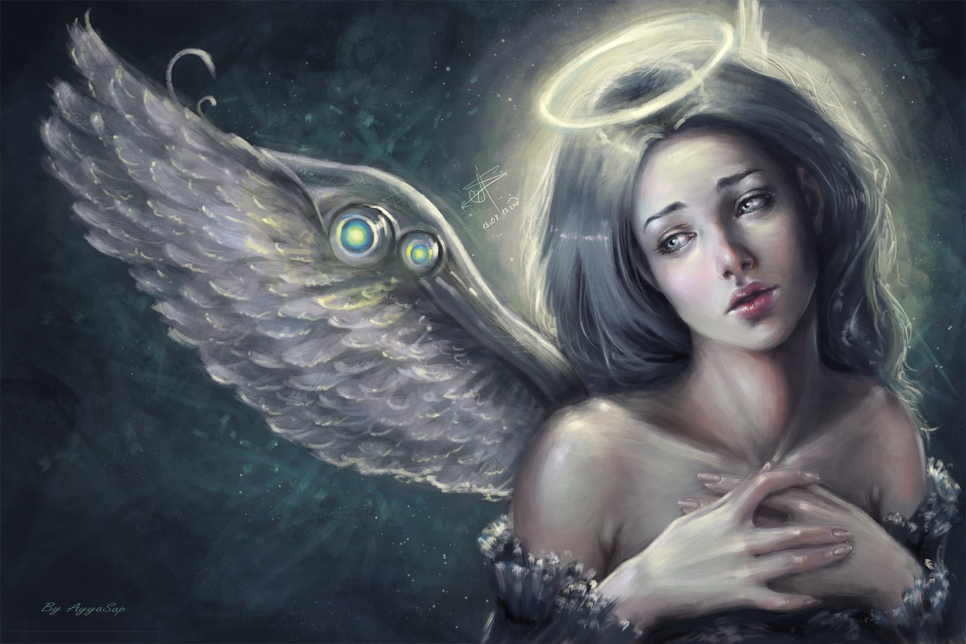 fantasie kunst engel mädchen gesicht blick flügel nimbus