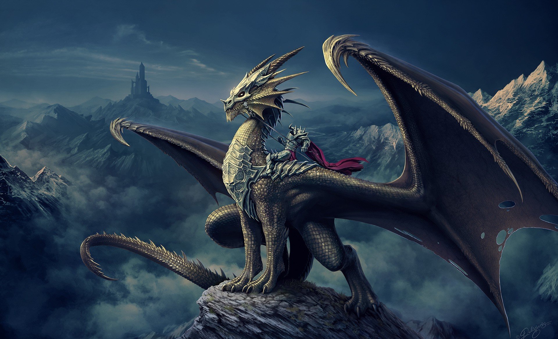 art nick deligaris dragon horseman mountain castle tower