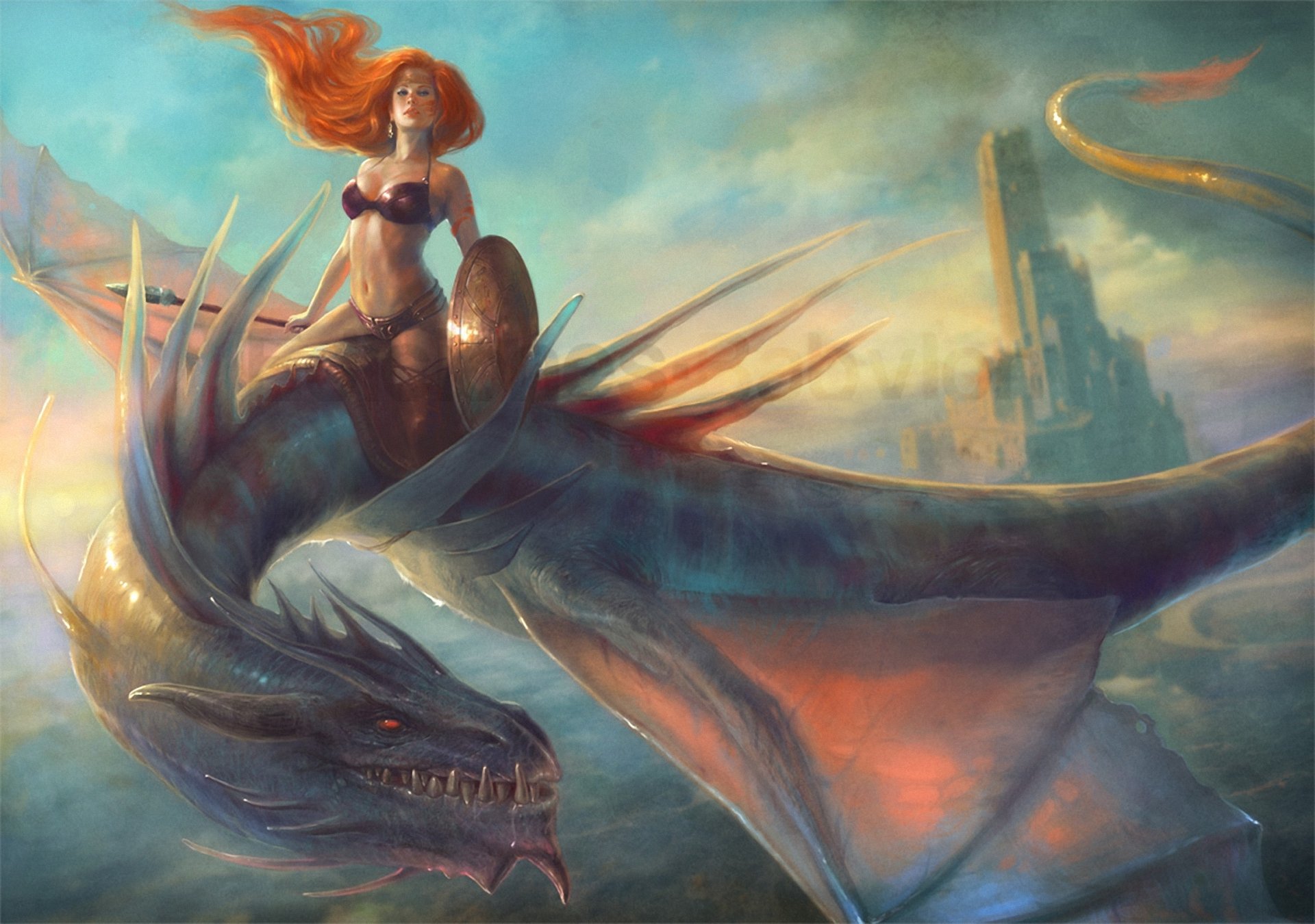 art girl dragon riding flight tower red shield spear