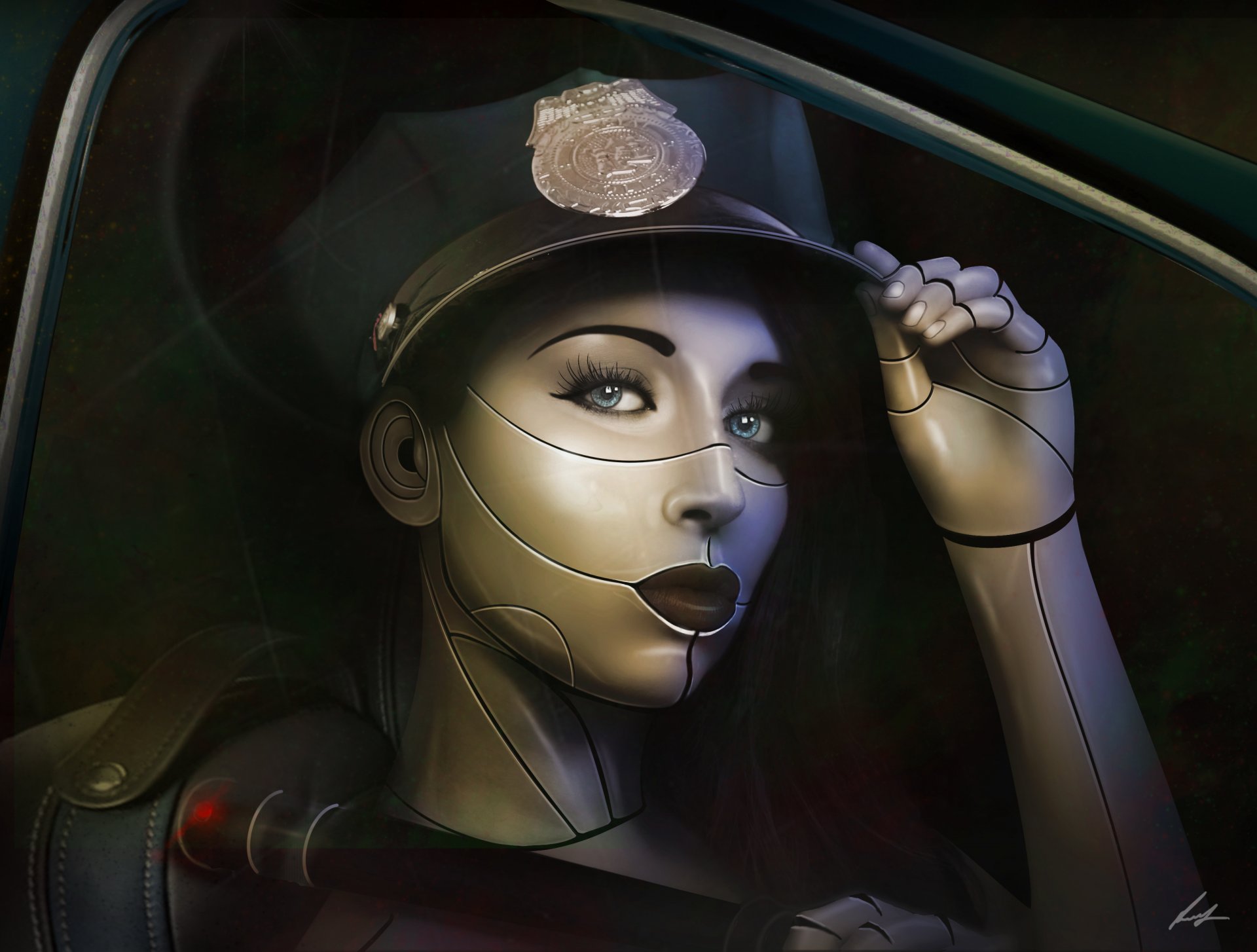 fiction art girl cyborg face eyelash view lips cap police law