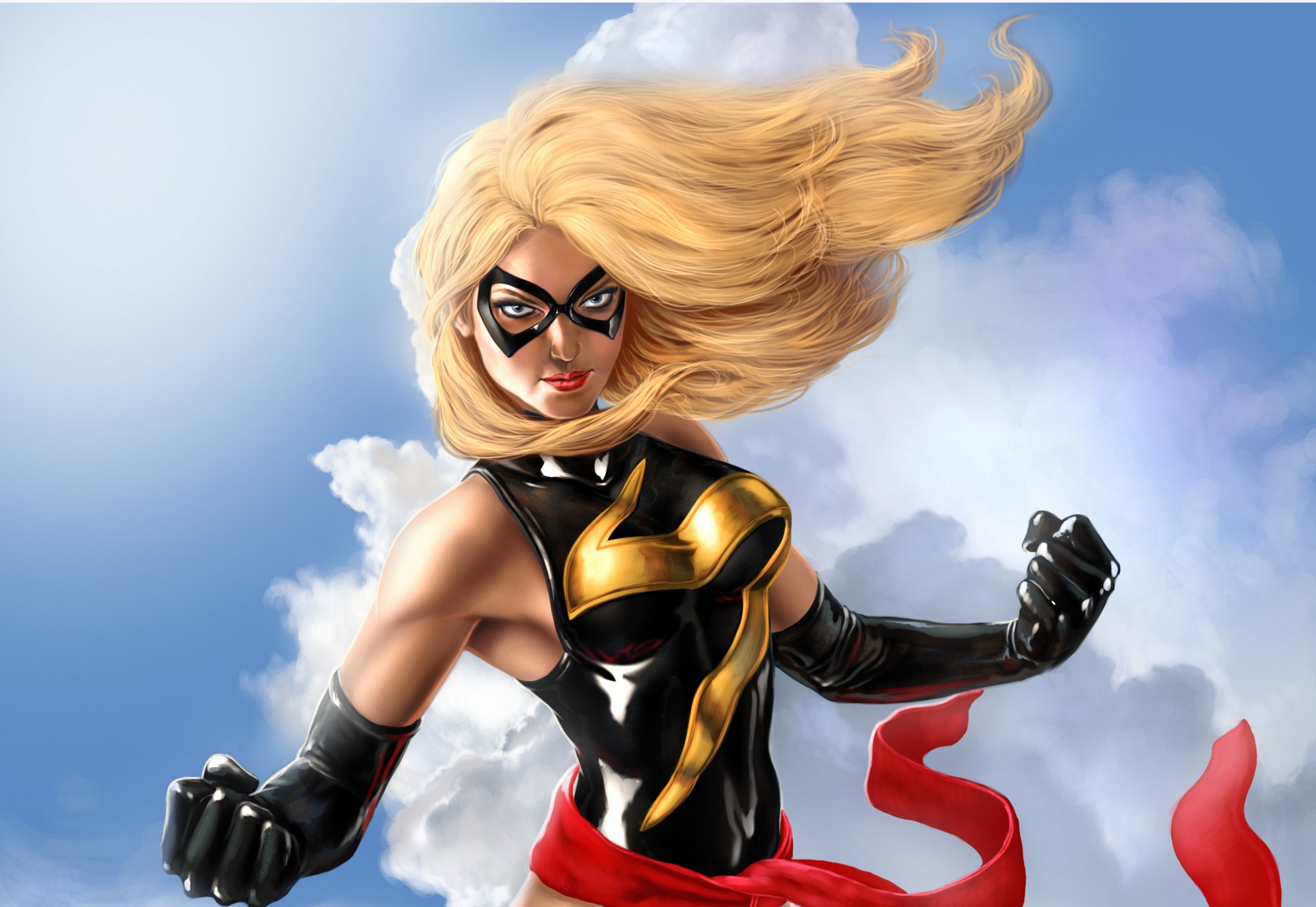 mlle marvel mme marvel warbird oiseau de guerre double étoile binaire art fiction vol vue masque costume ciel nuages