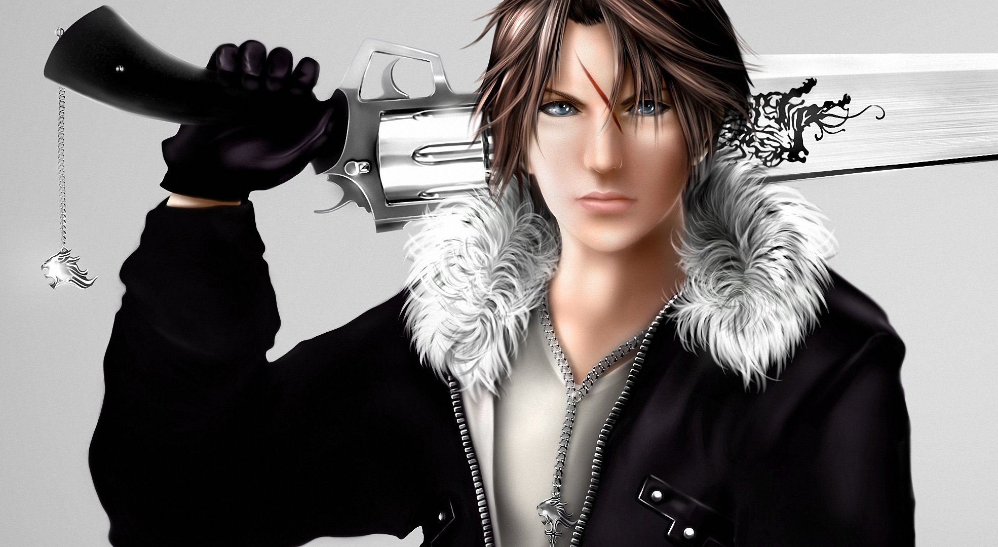 арт final fantasy viii шквал leonhart парень оружие револьвер шрам кулон цепочка куртка