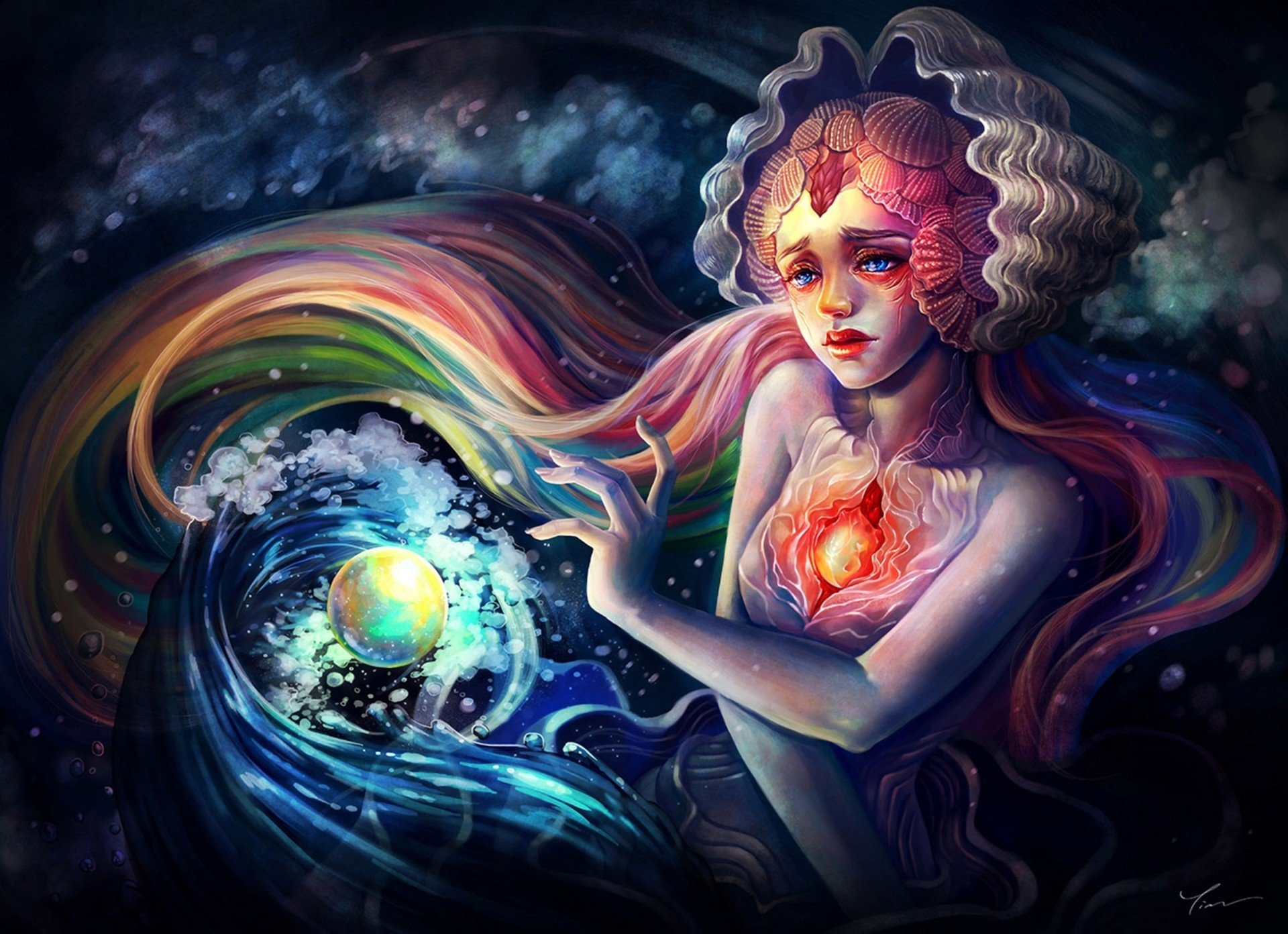 arte yangtian li sott acqua conchiglie ragazza faccia bolle sfera cuore sirena