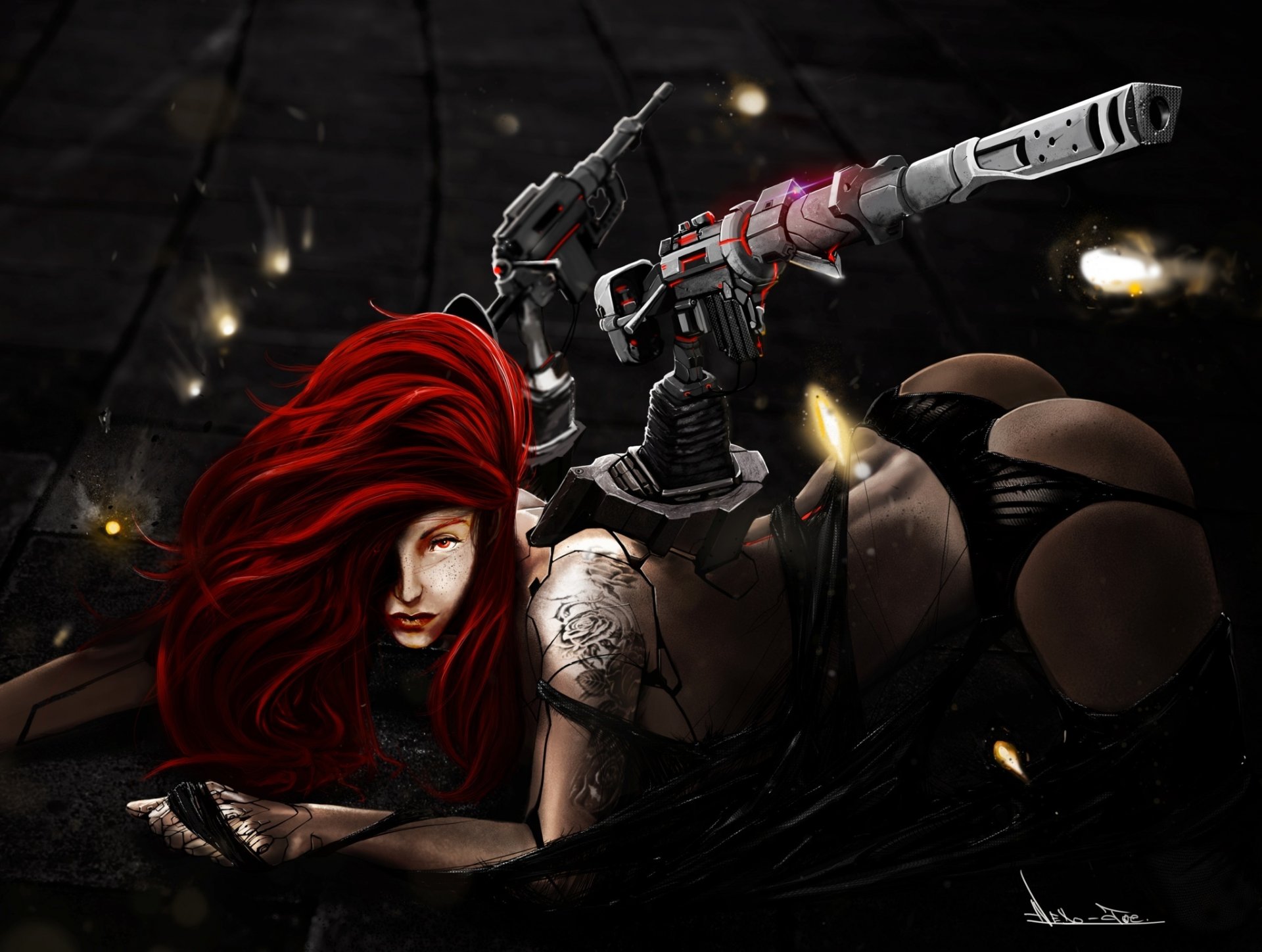 fiction art girl pose view red hair freckles ass weapon tattoo