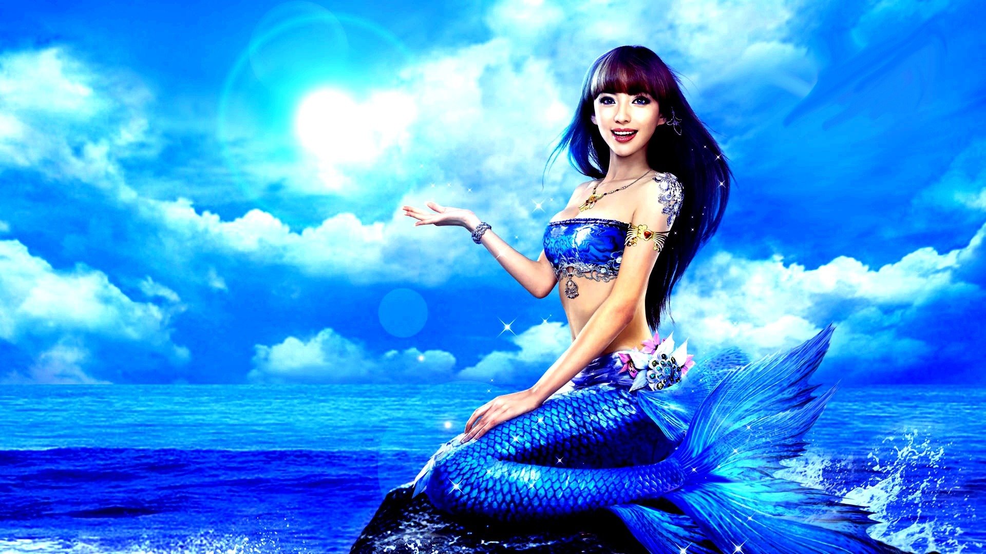 girl mermaid asian tail blue sea ocean