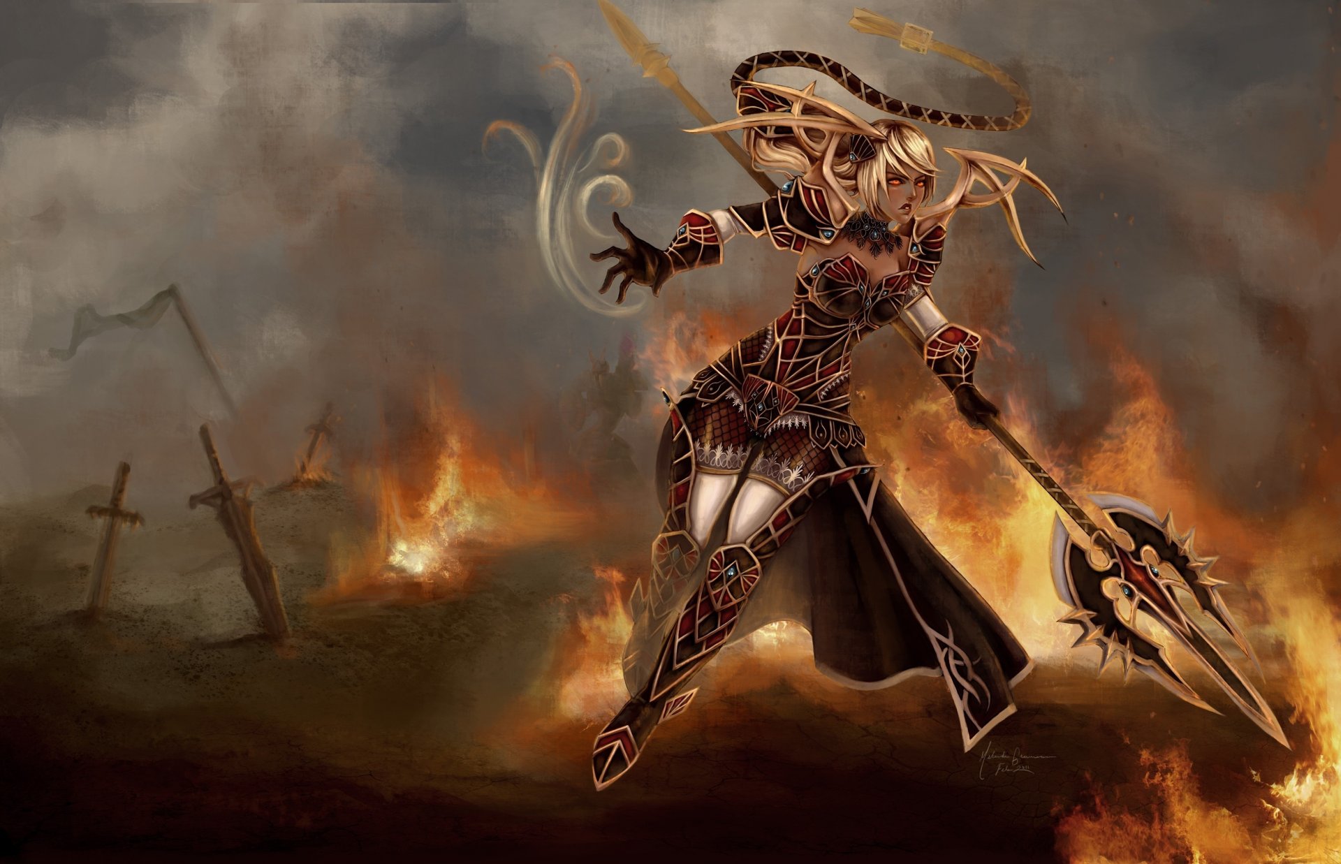 jeanne league of legends fantasy kunst mädchen krieger rüstung waffen schwerter feuer zerstörung