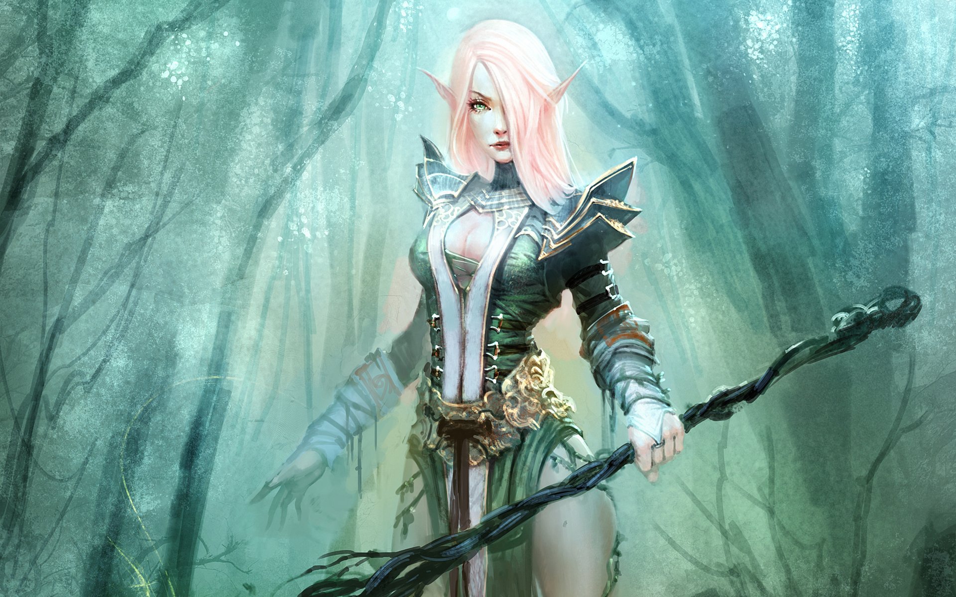 girl elf armour staff forest