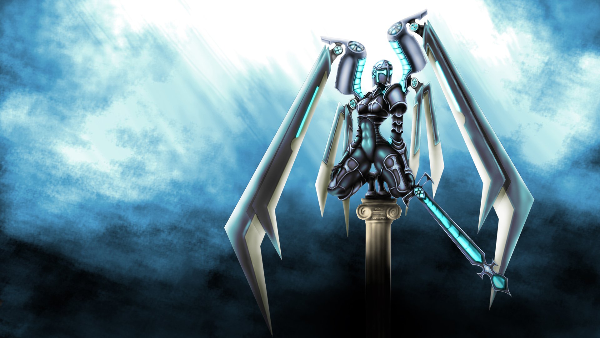 fantatika art cyborg robots sword weapon wings background