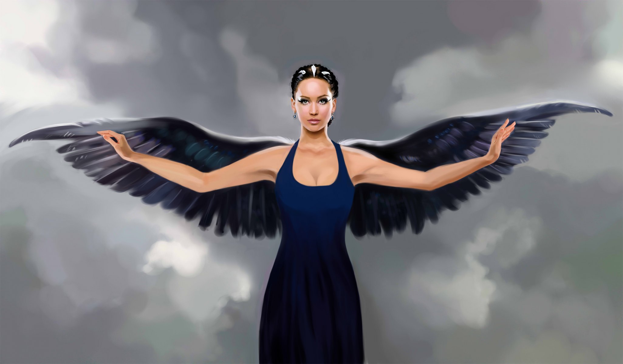 fiction art girl angel wings hands dress face view