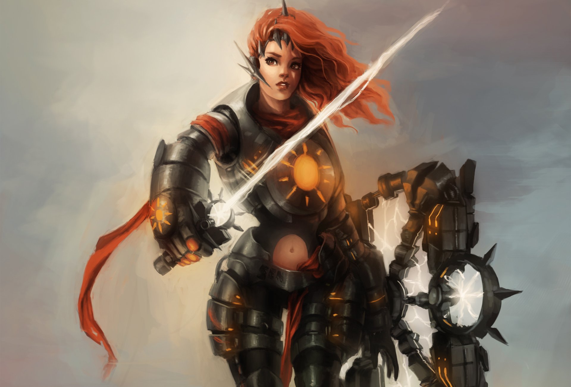 art fantasy girl sword shield red belt lightning armour