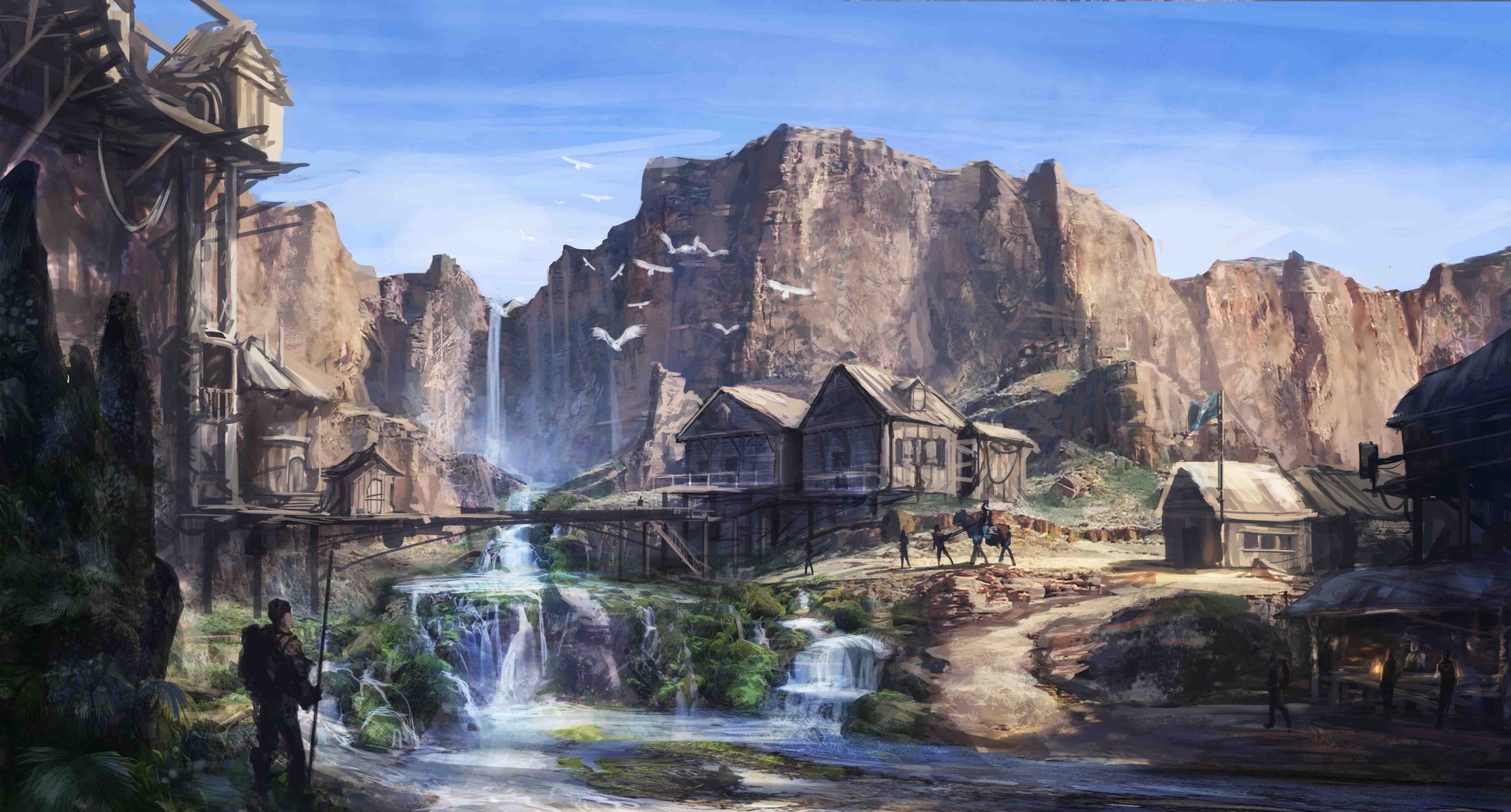 art rock house settlement waterfall river oasis people