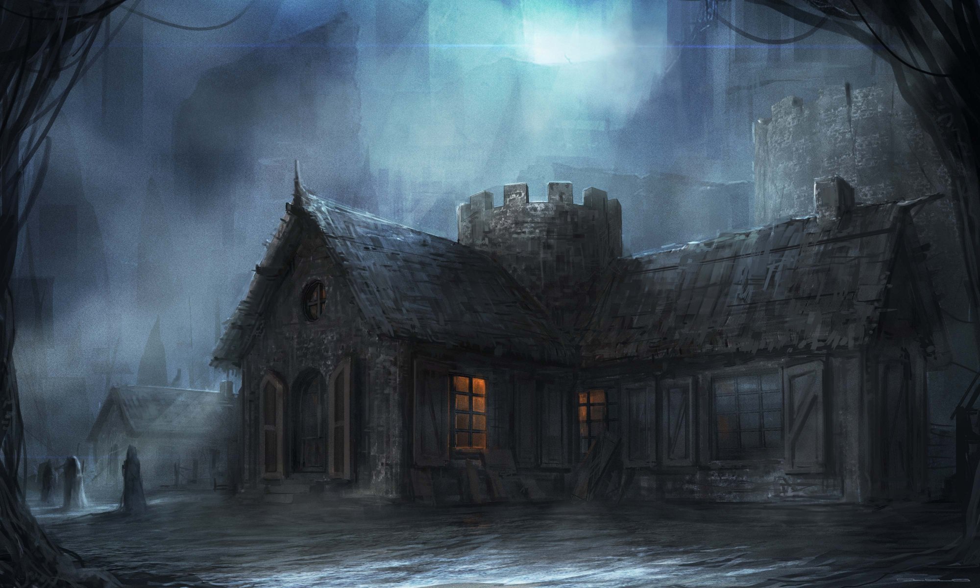 art cloudminedesign town building darkly night