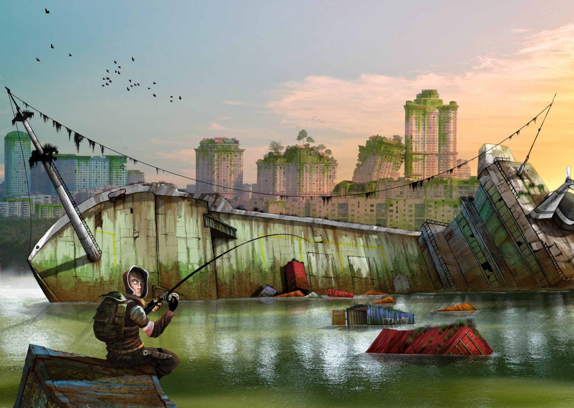 art post-apocalypse man ship fishing water flooding fishing rods abandonment