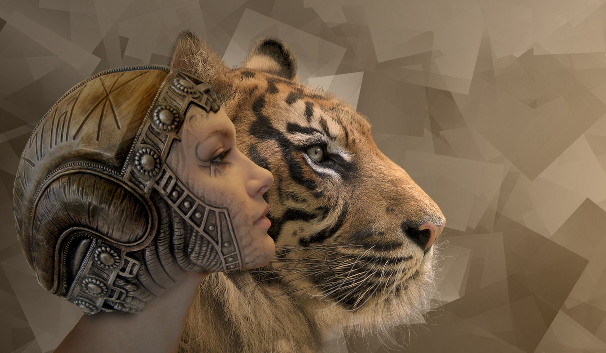 girl face section the helmet . animal predator tiger background squares abstract