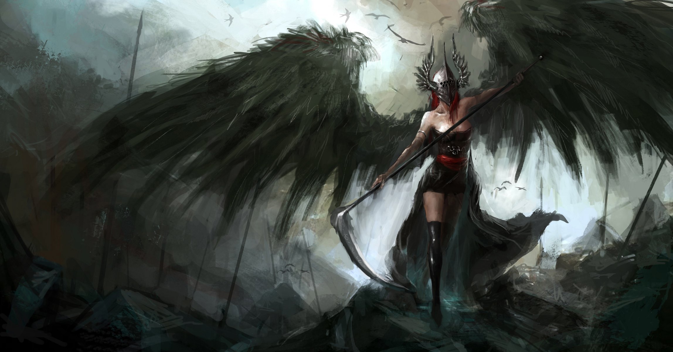 fiction art fallen angel wings helmet spit weapon