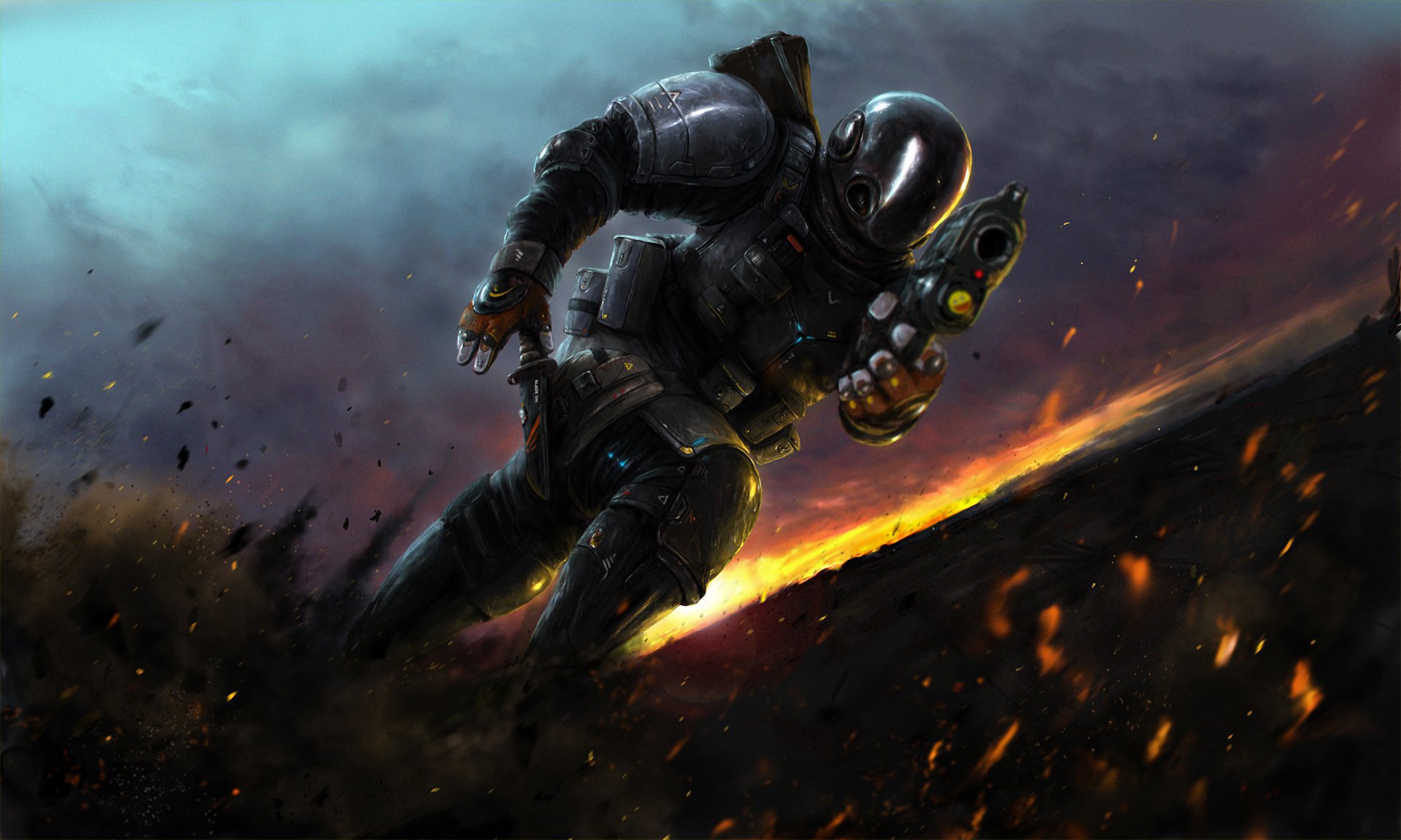 warrior suit armour weapon running explosion pieces sparks sunset