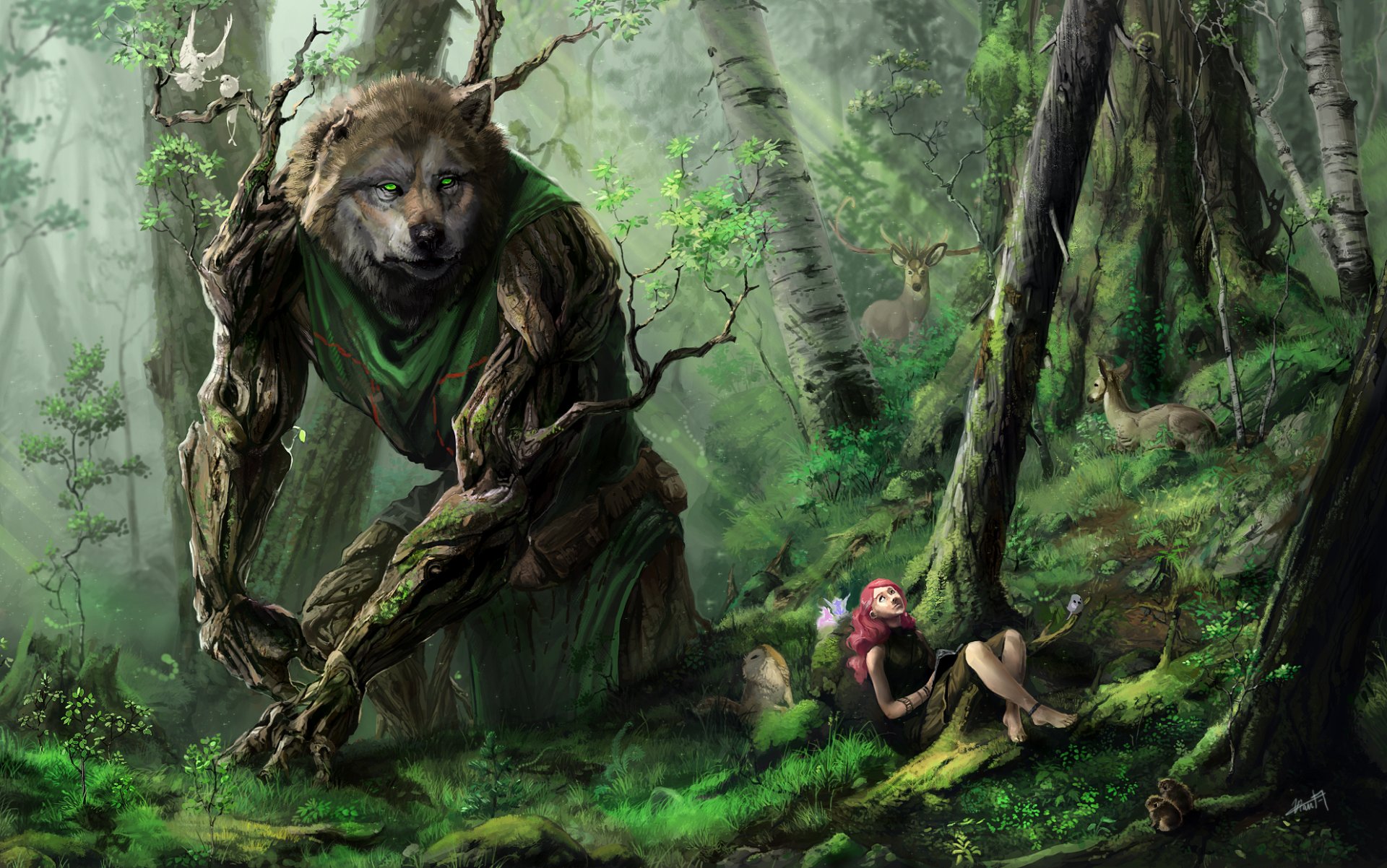 art forest animals wolf tree girl