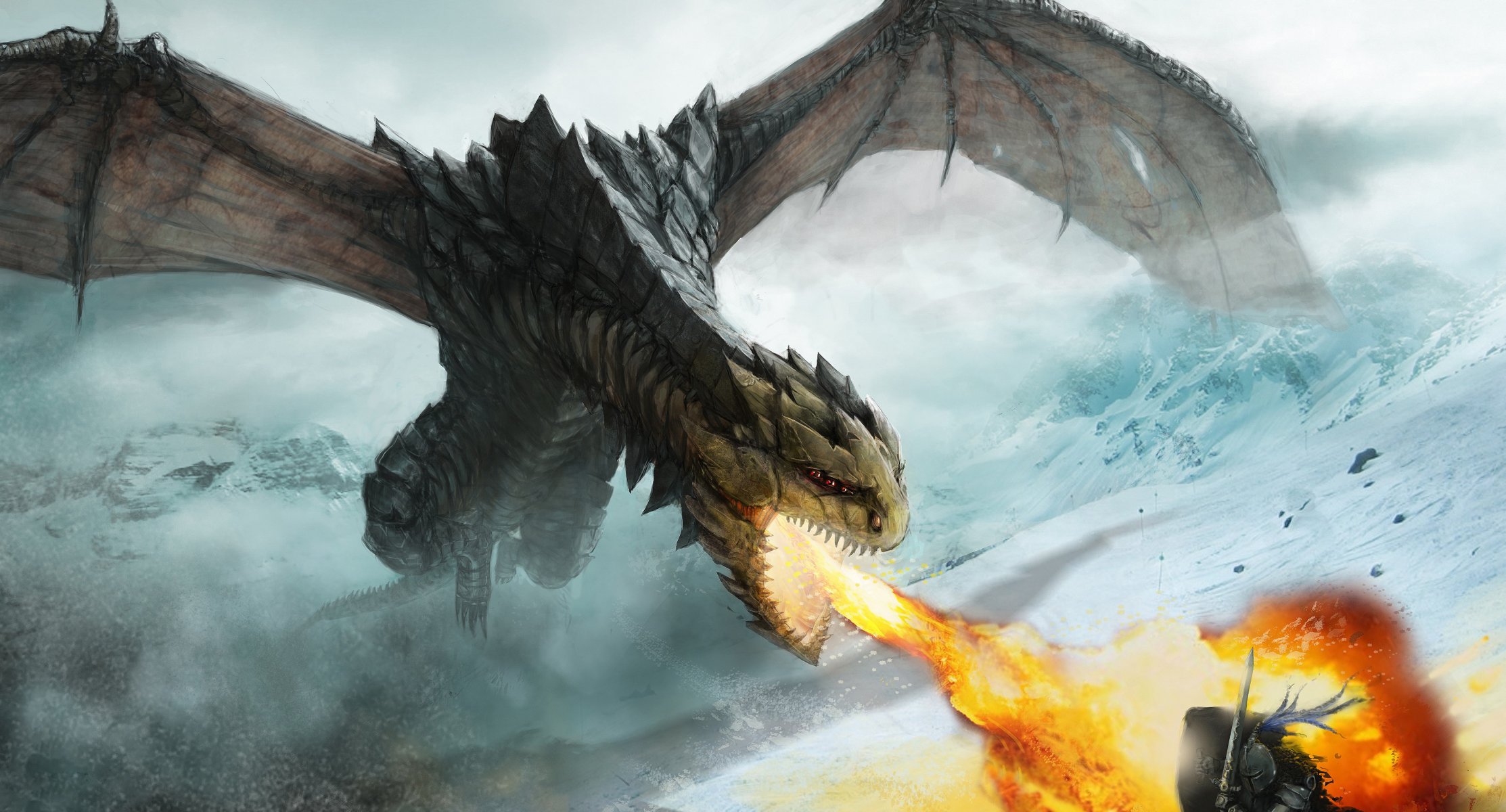 art dragon feu attaque rage montagnes neige guerrier arme défense armure