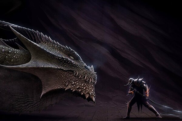 A brooding dragon and a male warrior. Conversation