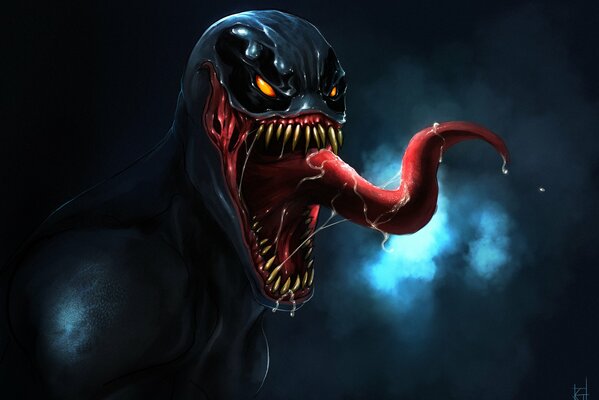 Venom with an open mouth and a red protruding tongue