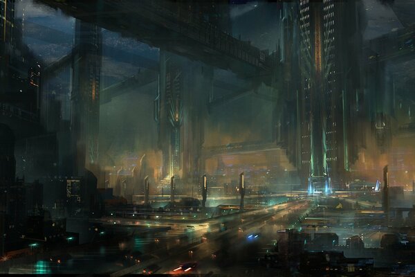 Городские ночные огни мегаполиса будущего