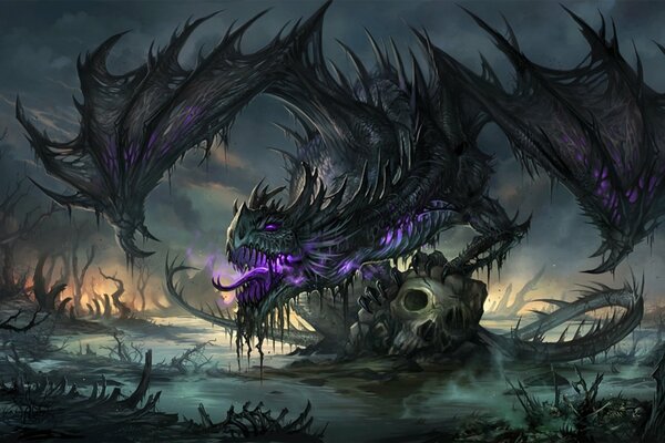 A terrifying dragon tormenting a human skull in the swamps