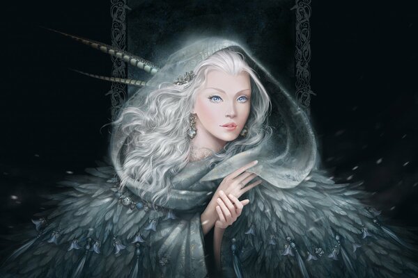 Hermosa elfa de ojos azules con cabello blanco