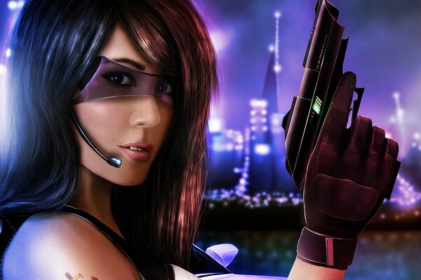 Девушка в очках с пистолетом в руках на фоне ночного города да