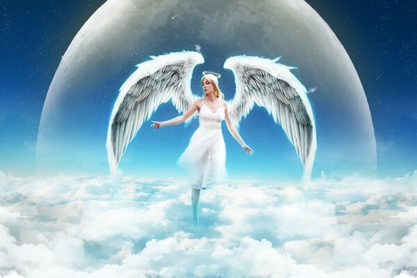 Mädchen -Engel mit Flügeln auf dem Hintergrund einer weißen Kugel fliegt über den Wolken