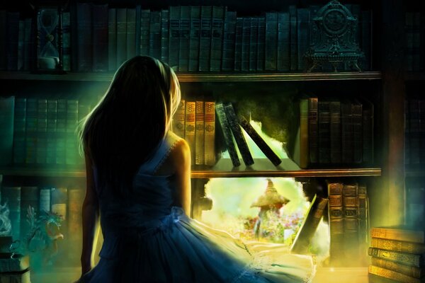 A girl reads magic books