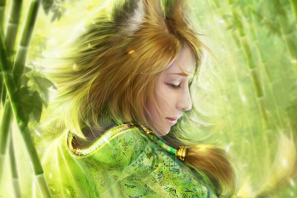 Belle fille de renard en kimono vert