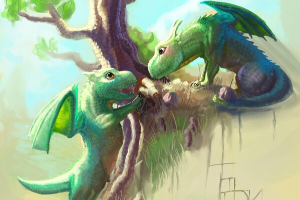 Grüne Drachen spielen auf einem Baum