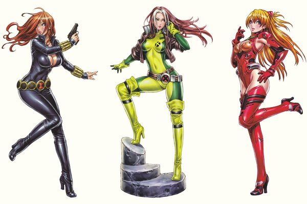 Trois filles de super-héros en costumes serrés