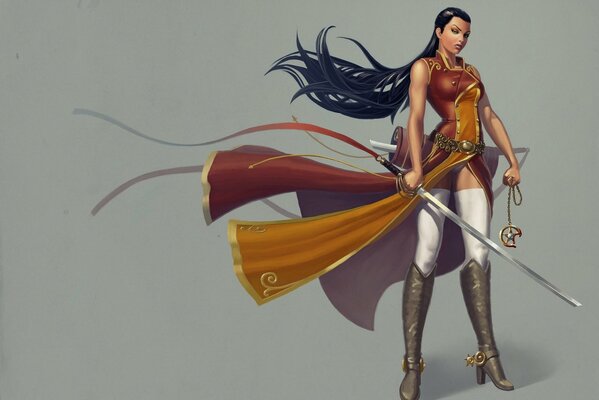 A warrior girl with a sword on a gray background