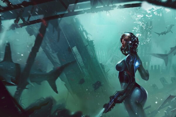 Dziewczyna z bronią pod wodą z pływającymi obok rekinami
