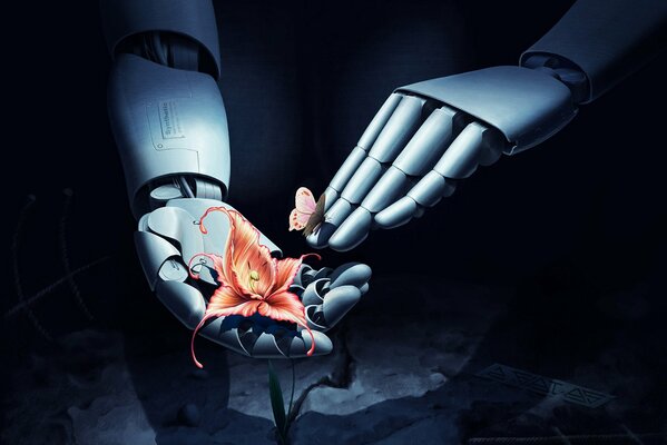 The robot s hands hold an orange flower