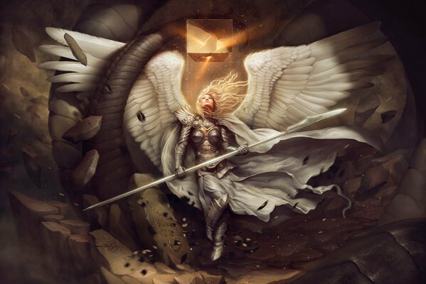 Arte di una ragazza d angelo con ali bianche in armatura e con una lancia