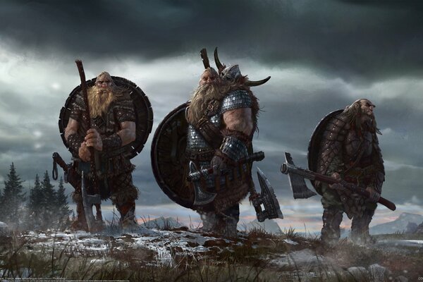 Leolas fargue, three powerful Vikings in full combat gear on a snowy plain