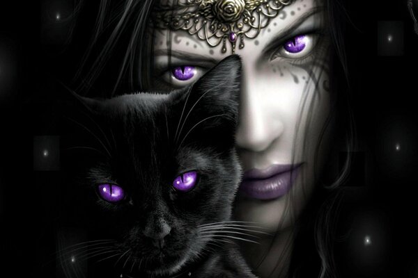 Ragazza e gatto con gli occhi viola su sfondo nero