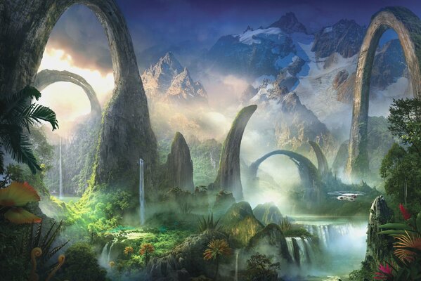 Art of a fantastic world with plants and waterfalls
