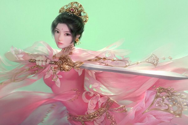 Art of an oriental girl with a sword in her hand