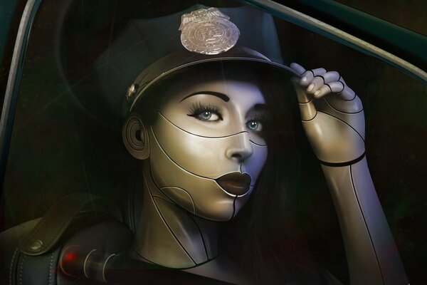 Cyborg-Mädchen der Polizei im Auto