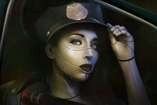 Cyborg Police Girl in a car