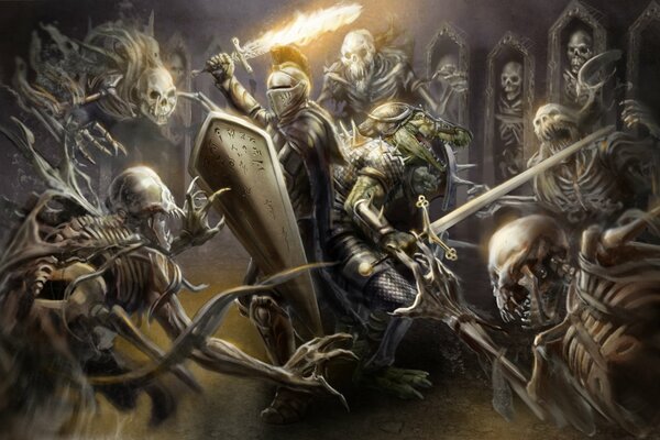 The battle of knights in armor with skeletons