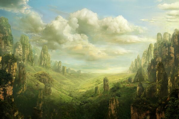 Fantasy landscape of a green valley with rocks