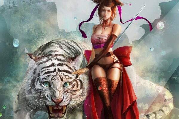 Pretty woman in red with a tiger