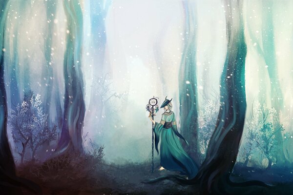 A mythical girl with a staff in the forest