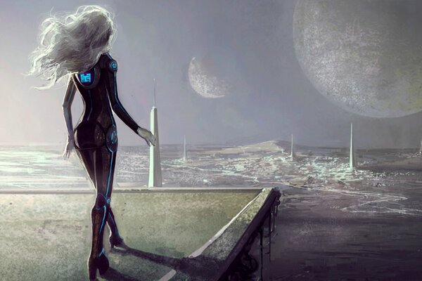 Cyborg fille aux cheveux longs sur fond de planètes